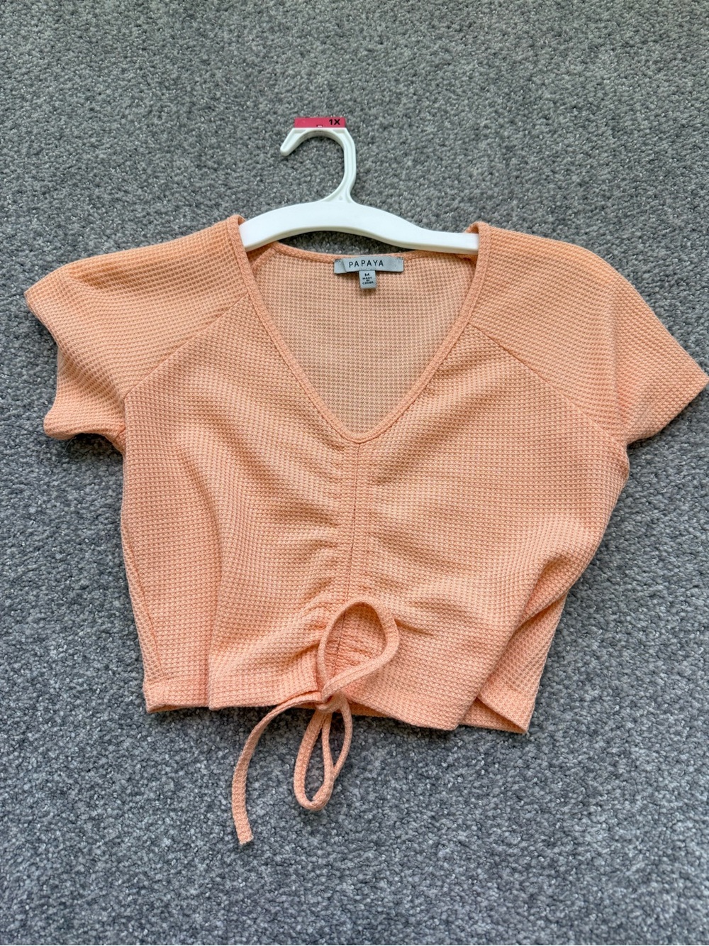 Papaya Peach Drawstring Waffle Knit V-Neck Crop Top